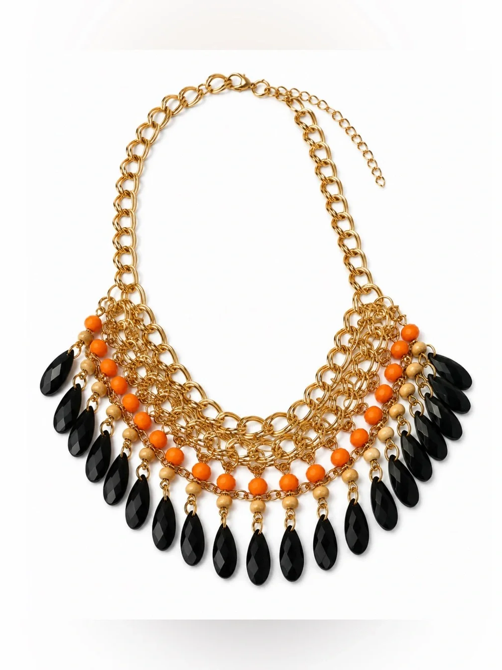 Gold Tone Black Teardrop Orange Beaded Layered Bib Statement Chunky Necklace VG
